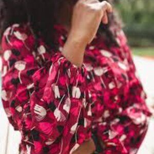 Cabi Pink Corsage Blouse Ruffled V-Neck Ruched Waist Balloon Sleeves Size Medium